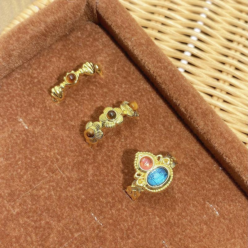 Medieval Imitation Tiger'S Eye Stone Flower Personalized Retro Opening Ring Niche High-End Light Luxury Personalized Ring Woman
