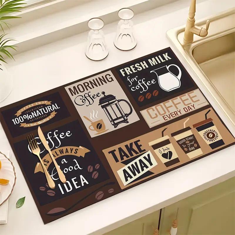 Creative Coffee Print Kitchen Drying Mat Soft Rubber Non-Slip Absorbent Stain-Resistant Mats for Coffee Bar Countertops Dish Mat