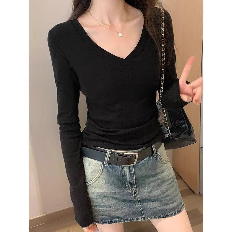 

Autumn/Winter Retro V-Neck Slim-Fit Long Sleeve Women s Top - Waist-Cinching, Flattering & Versatile Base Layer 2XL (125-140 lbs) чёрный