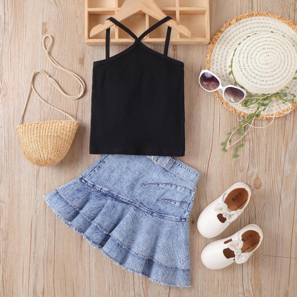 Costum de vară pentru fete, costum cu fustă scurtă din denim cu bretele, de culoare uni pentru copii