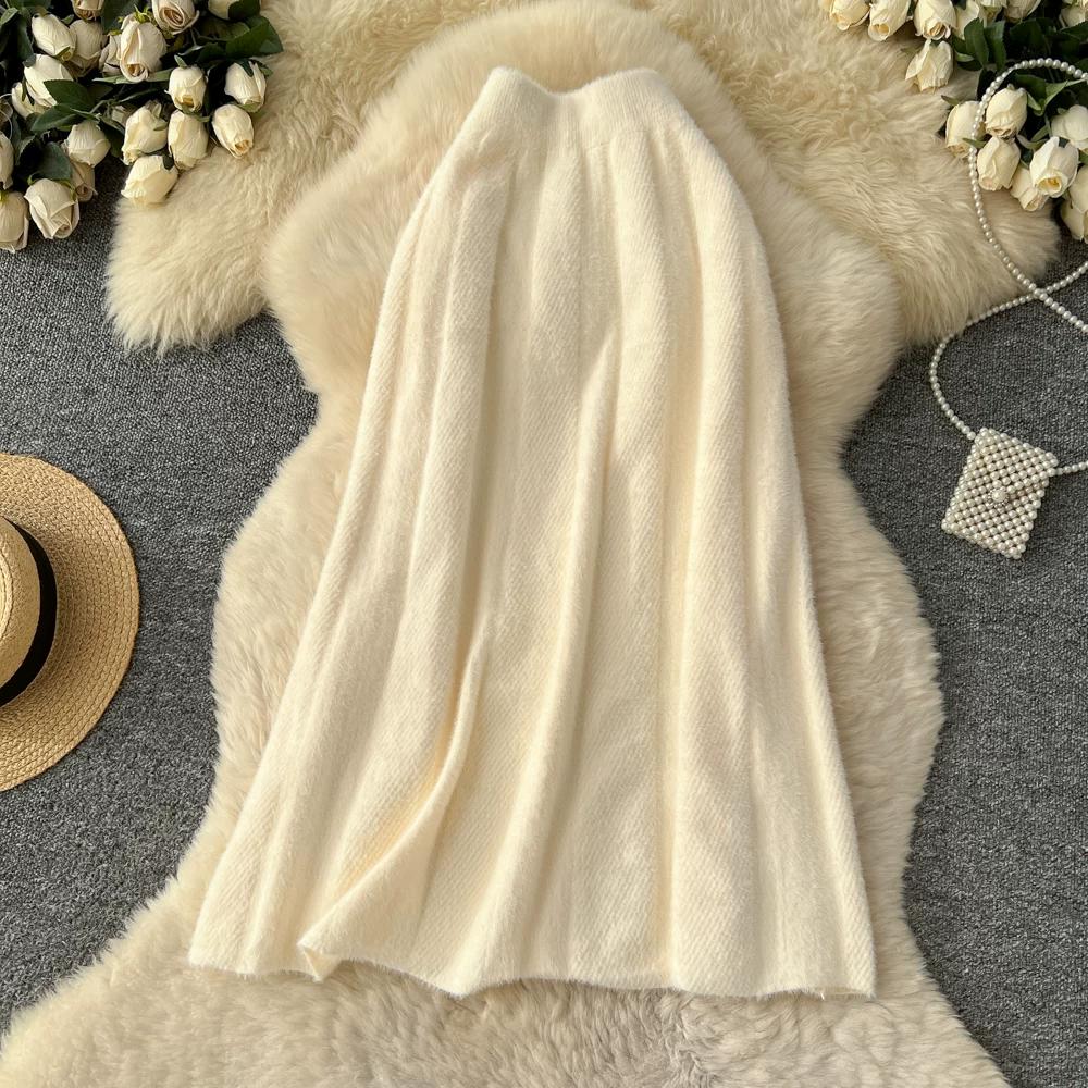 Autumn Winter Women Elegant Furry Knitted Long Midi High Waist A-line Skirt