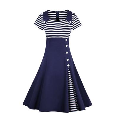 Women's Short Sleeve Striped Retro Square Neck Dress Swing Skirt