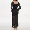 Women's Black Lace Midi Bodycon Dress Elegant Long Sleeve Flare Cuff Party Evening Maxi Dress