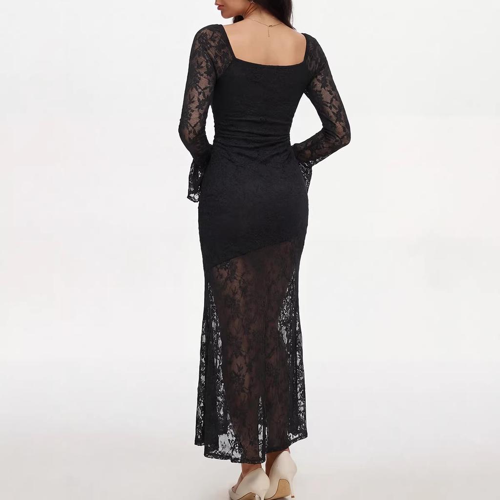 Women's Black Lace Midi Bodycon Dress Elegant Long Sleeve Flare Cuff Party Evening Maxi Dress