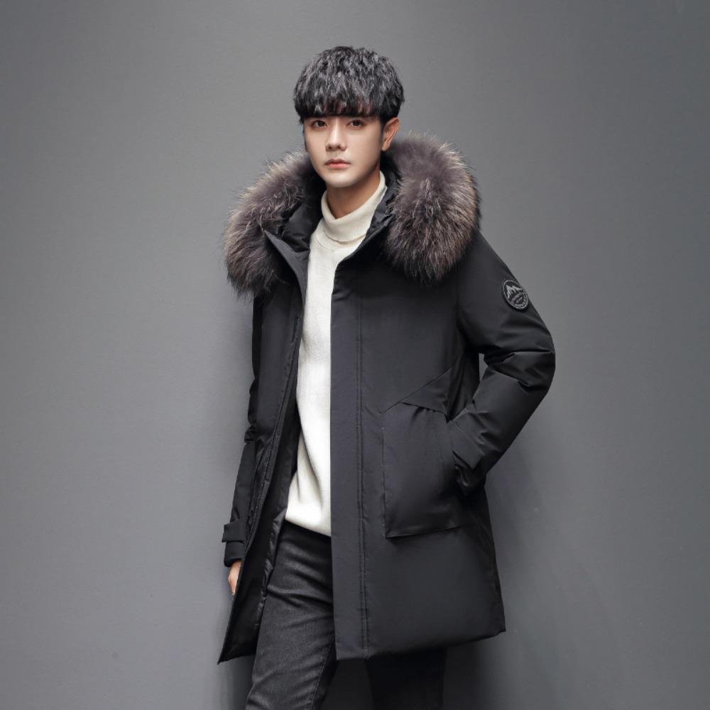 Down Jacket Medium and Long Men's Korean Version New Two Open White Duck Down Big Fur Collar Youth Popular Fashion Hooded Jacket