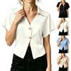 Women Satin Short Sleeve V Neck Button Down Blouse Cropped Shirt Relaxed Fit Lightweight Top for Summer Work Casual