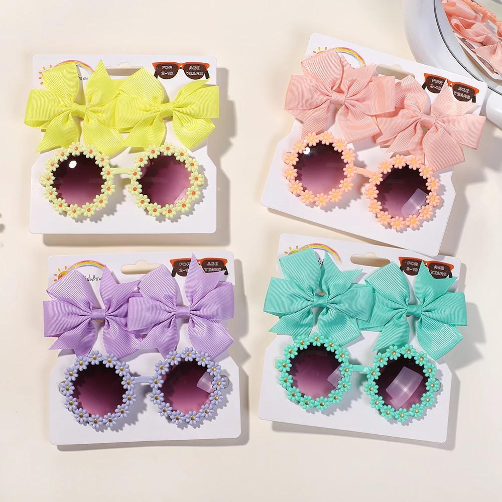 3Pcs/set Cute Girl Bow Hairclips Retro Flower Sunglasses for Kids Printing Handmade Hairgripes Kids Headwear Glasses Accessories