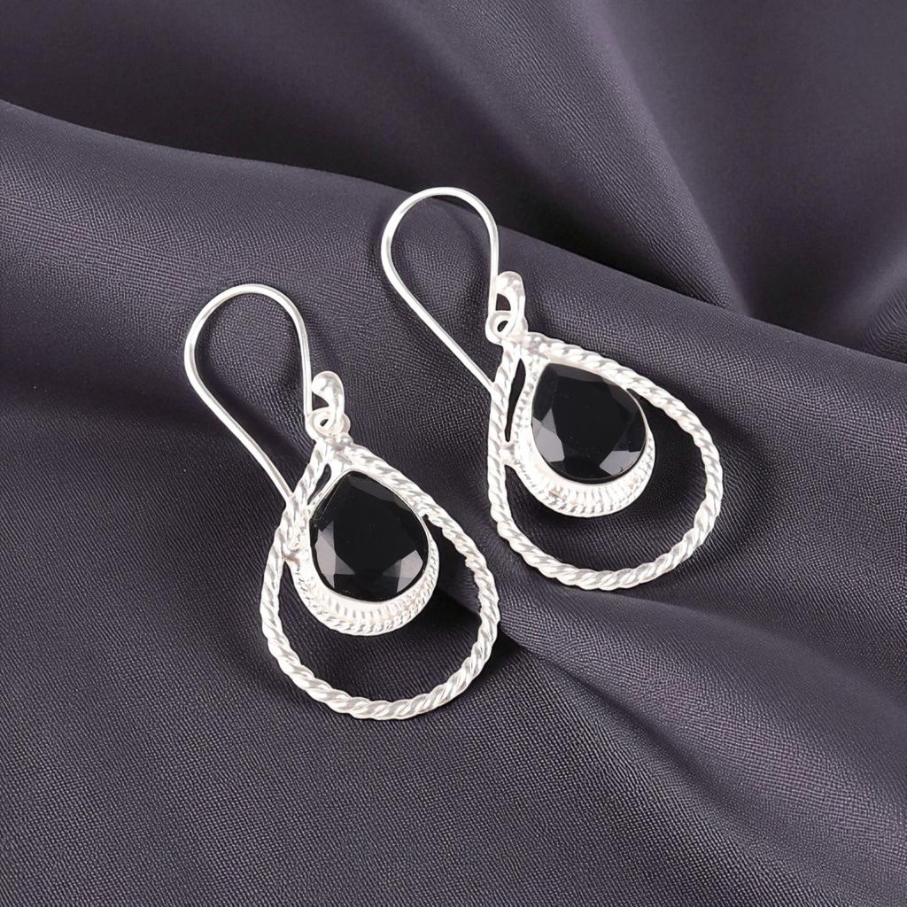 Black Onyx Gemstone 925 Sterling Silver Jewelry Handmade Earrings 1.70" For Her EE-96-16