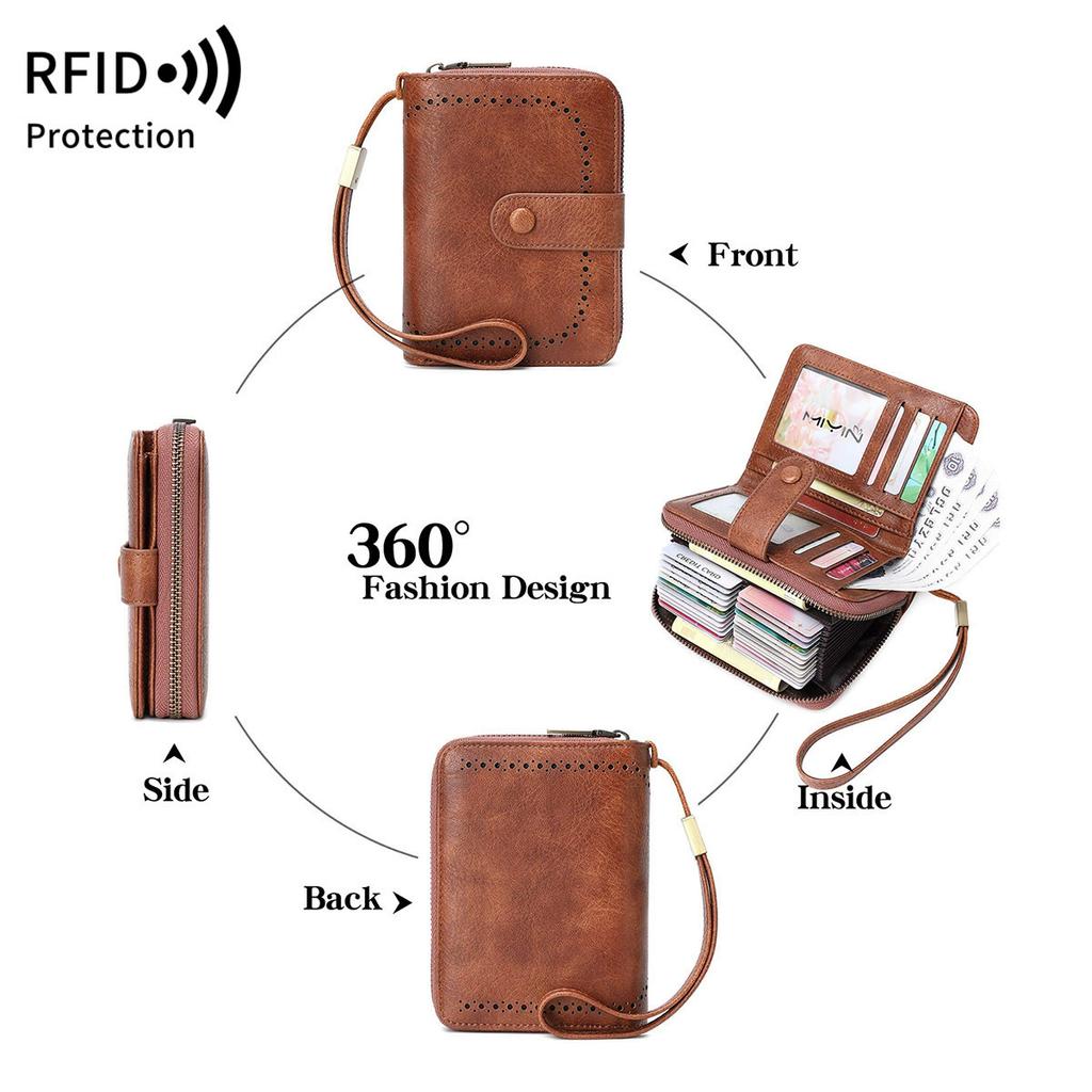 Women's RFID Blocking Bifold Wallet Dual Zipper Large Capacity Card Slots Coin Pouch ID Window Casual Durable Purse Gift