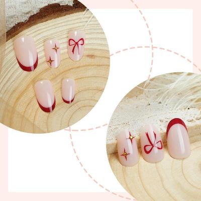 24Pcs French Tip Press On Nails Almond Shape Pink Bowknot Fake Nails Ideal Gift for Girls DIY Manicure