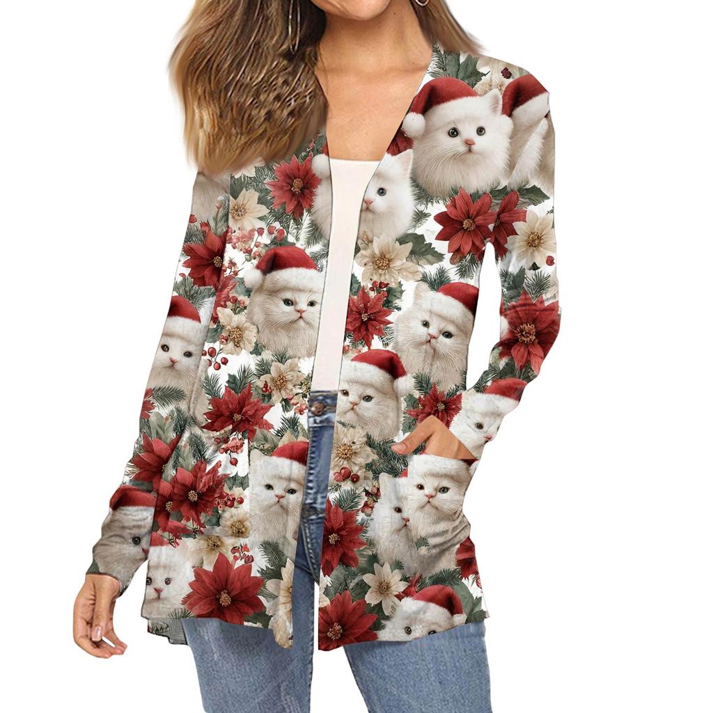 Women's Fashion Christmas Print Long-Sleeved Pocketed Slim-Fit Cardigan Coat