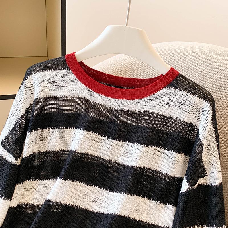 Sunscreen casual contrasting striped long-sleeved t-shirt knitted thin top trendy