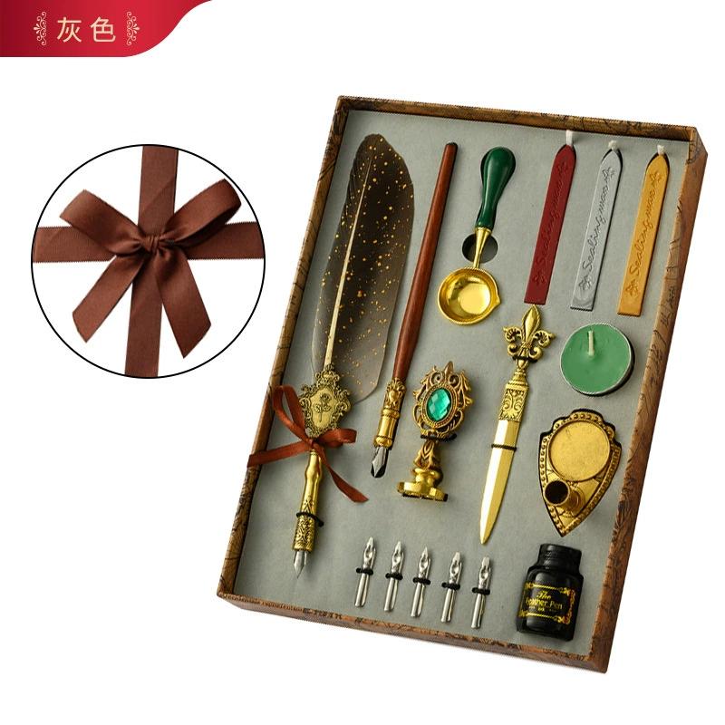 Retro Federkiel Schreibtinten-Set Schreibwaren Exquisites Federkiel-Tauchfeder Stempelset Kunstbedarf Basteln Geschenke für Schüler DIY