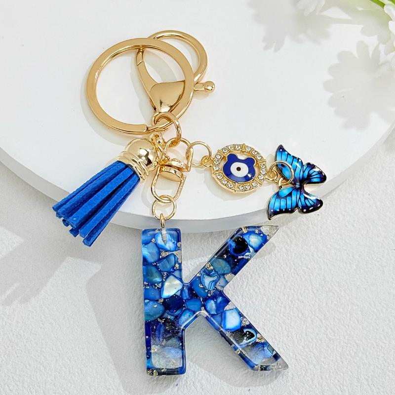 Fashion Blue Glazed Stone A To Z Letter Keychain 26 Initials Alphabet Butterfly Tassel Pendant Car Keyring Women Jewelry Gifts