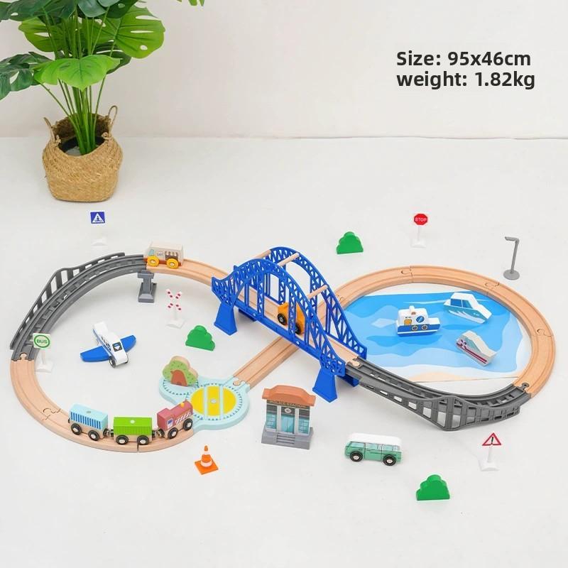 Assembled Wooden Train Track Set City Blue Bridge Scene Tracks Compatible with Brand Wooden Tracks Railway Toys for Kids Gift