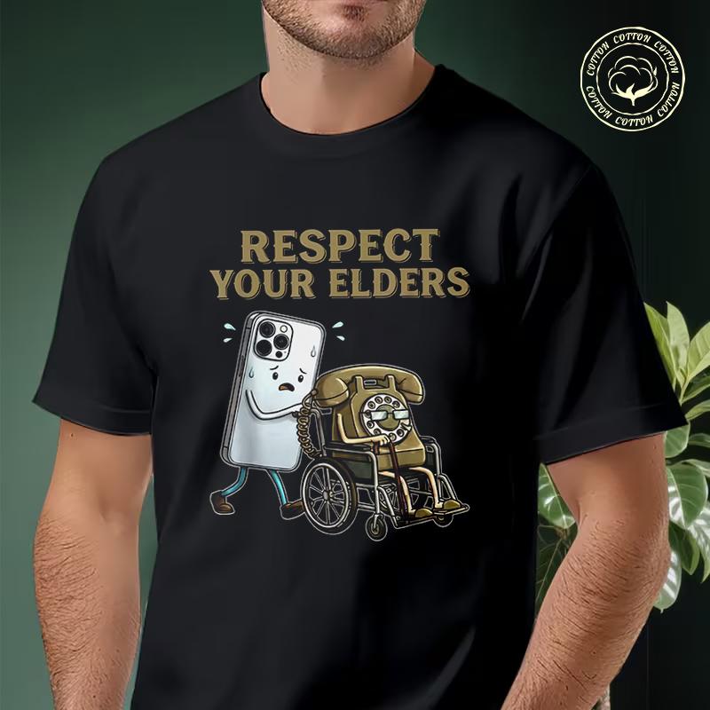 Men T-shirt High Quality Funny Cotton Vintage Respect Your Elders Phone Joke Motorcycle Casual