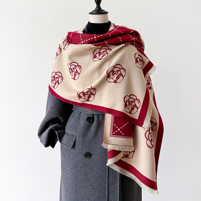 Autumn And Winter Stripe Plaid Camellia Contrasting Double-Sided Scarf Winter Luxury Shawl