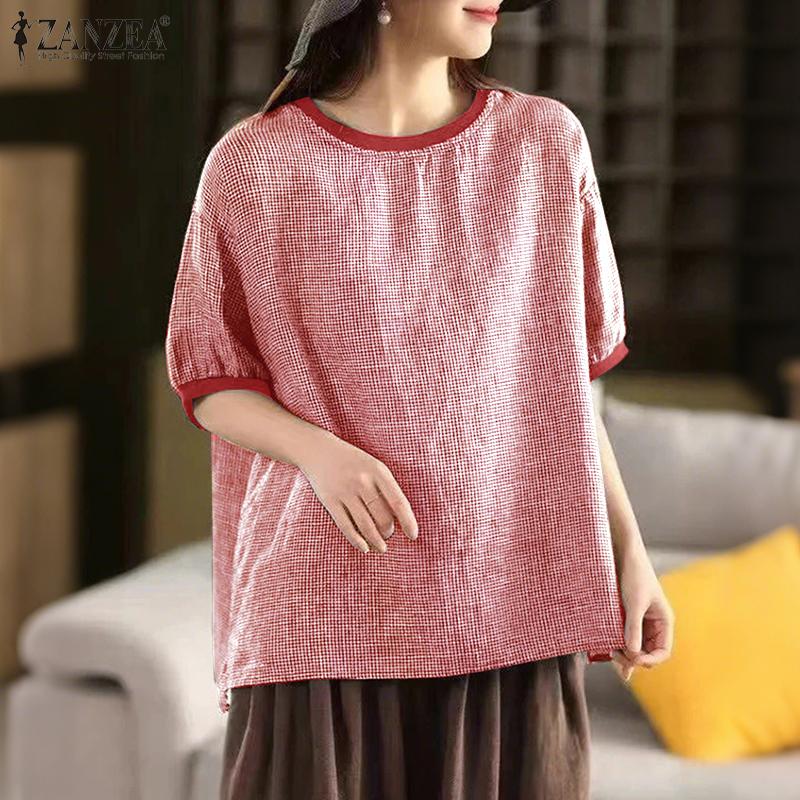 ZANZEA Women Casual Round Neck Grid Print Summer Short Sleeve Blouse