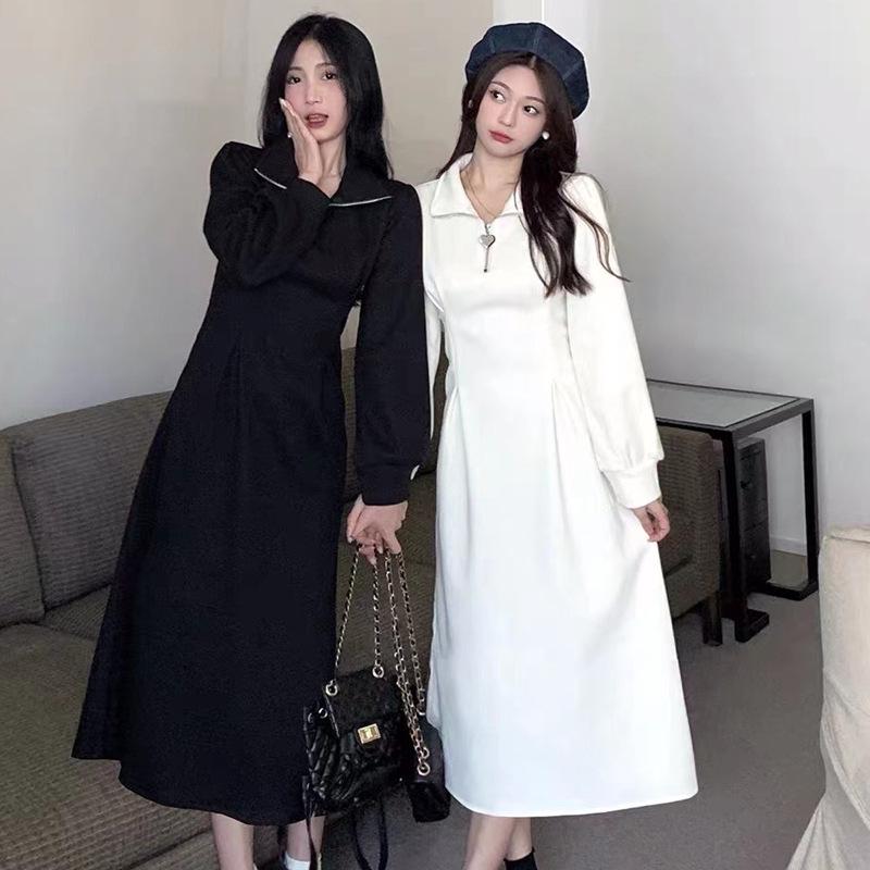 

Женское вафельное платье на флисовой подкладке - на молнии до половины, со сборкой на талии, с длинным рукавом для весны и осени 2024 XXL (130-145 jin)