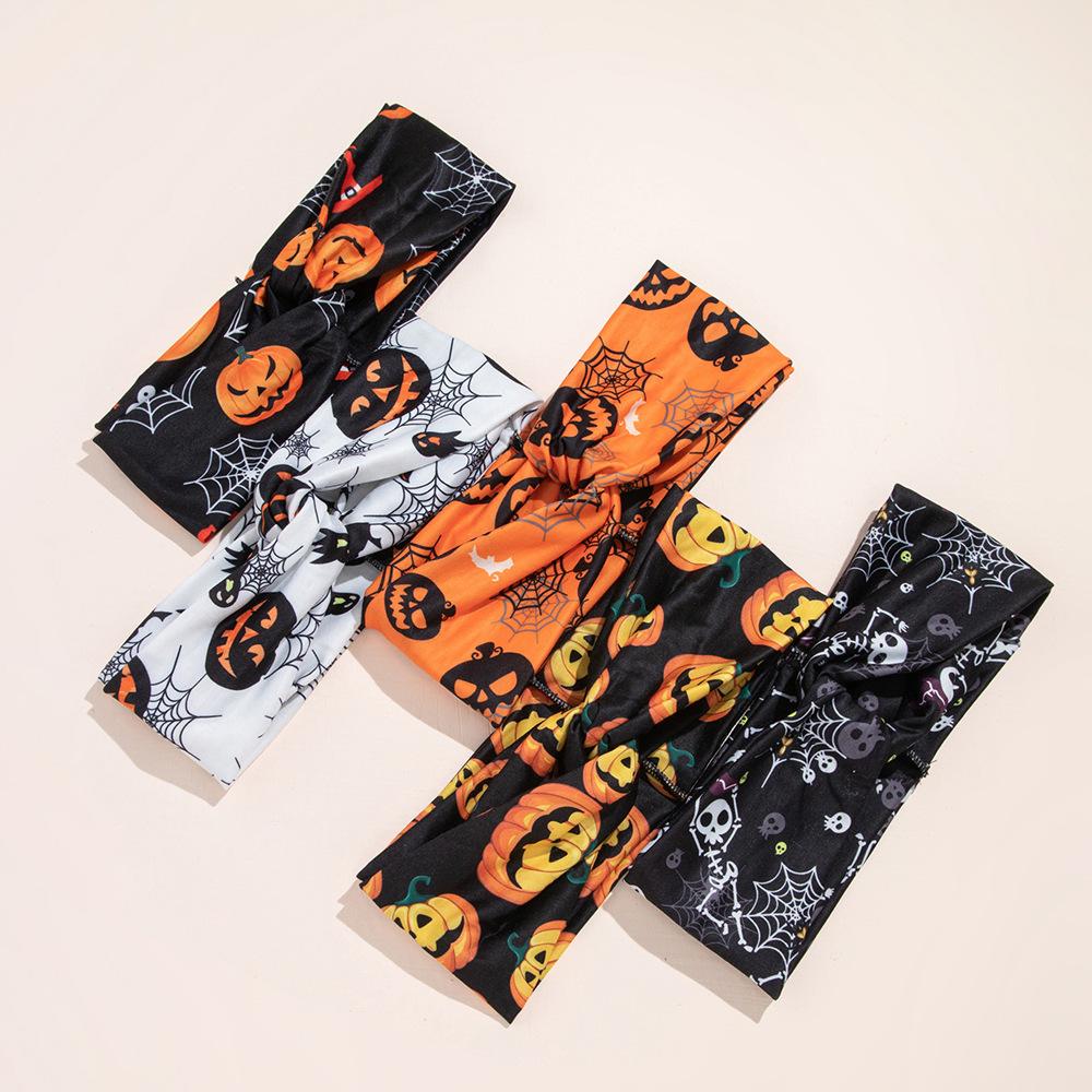 Halloween Headband Double Cross Knot Headwrap Pumpkin Skull Ghost Spider Bat Elements Stretchy Hair Band 5pcs