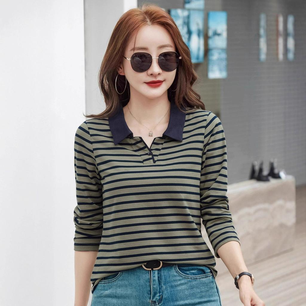New Striped Polo Shirt Plus Size Women's Autumn Long Sleeve Base Korean Style Casual Ladies T-Shirt Age-Reducing Top Turn-Down Collar