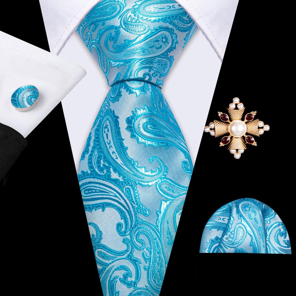 Pearl Brooch with Silk Tie for Men Vintage Floral Teal Necktie Hanky Cufflinks Gift Formal Set