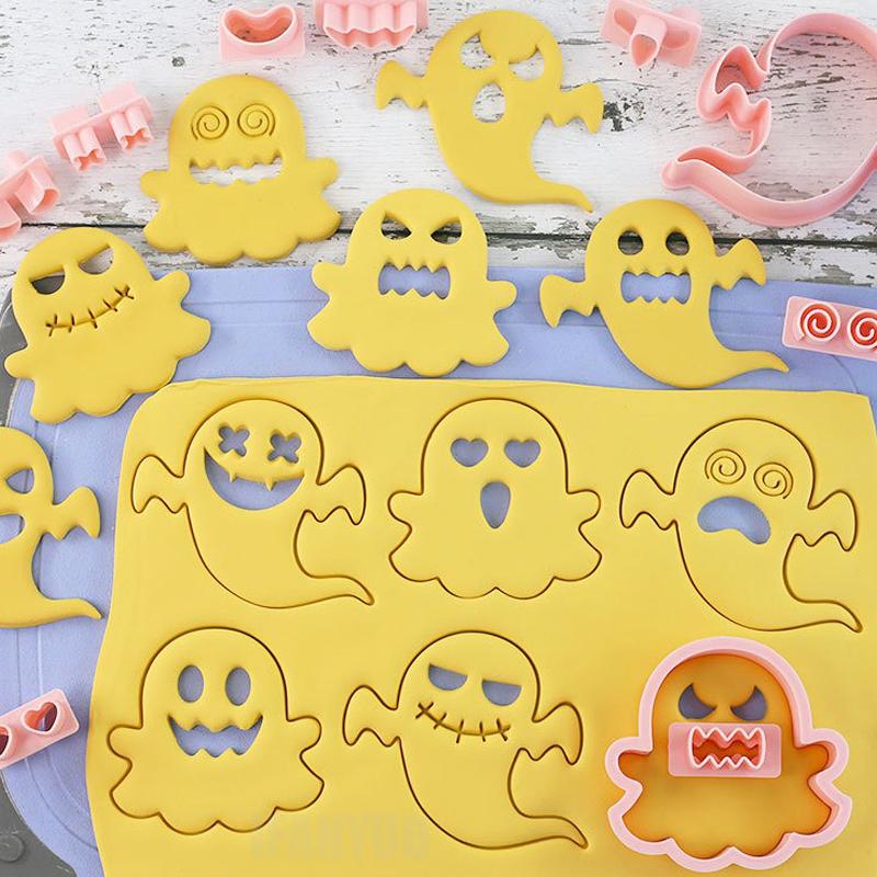 10Pcs/ Set Halloween Cookie Cutters DIY Ghost Face Biscuit Fondant Embosser Stamp Cake Decorating Tool Baking Supplies