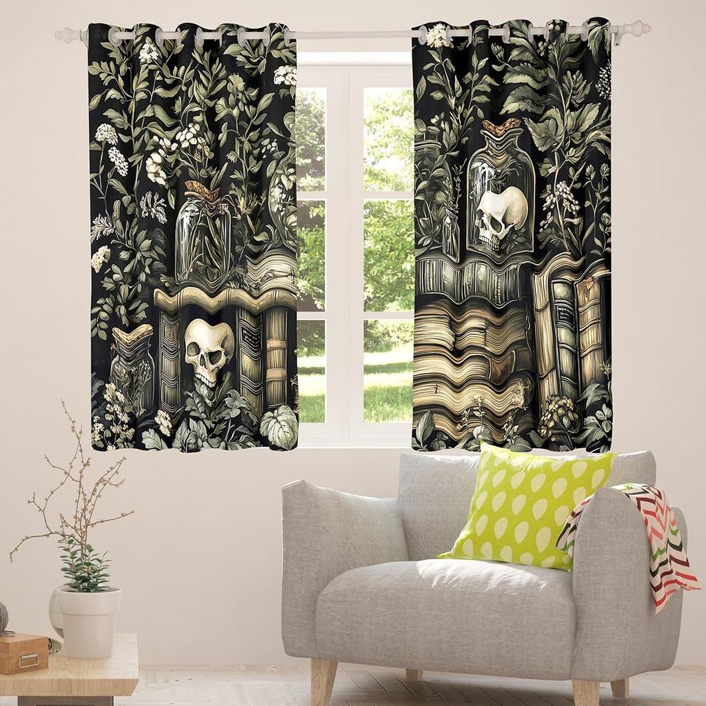 Gothic Skull Botanical Curtains Dark Academia Macabre Print Vintage Floral Drapes Blackout Window Cover for Bedroom Living Room