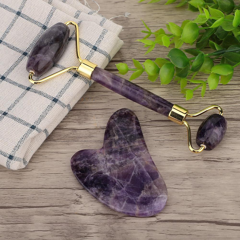 Natural Amethyst Double Head Jade Stone Roller & Guasha Scrapping Plate Face Massage Tool Kit