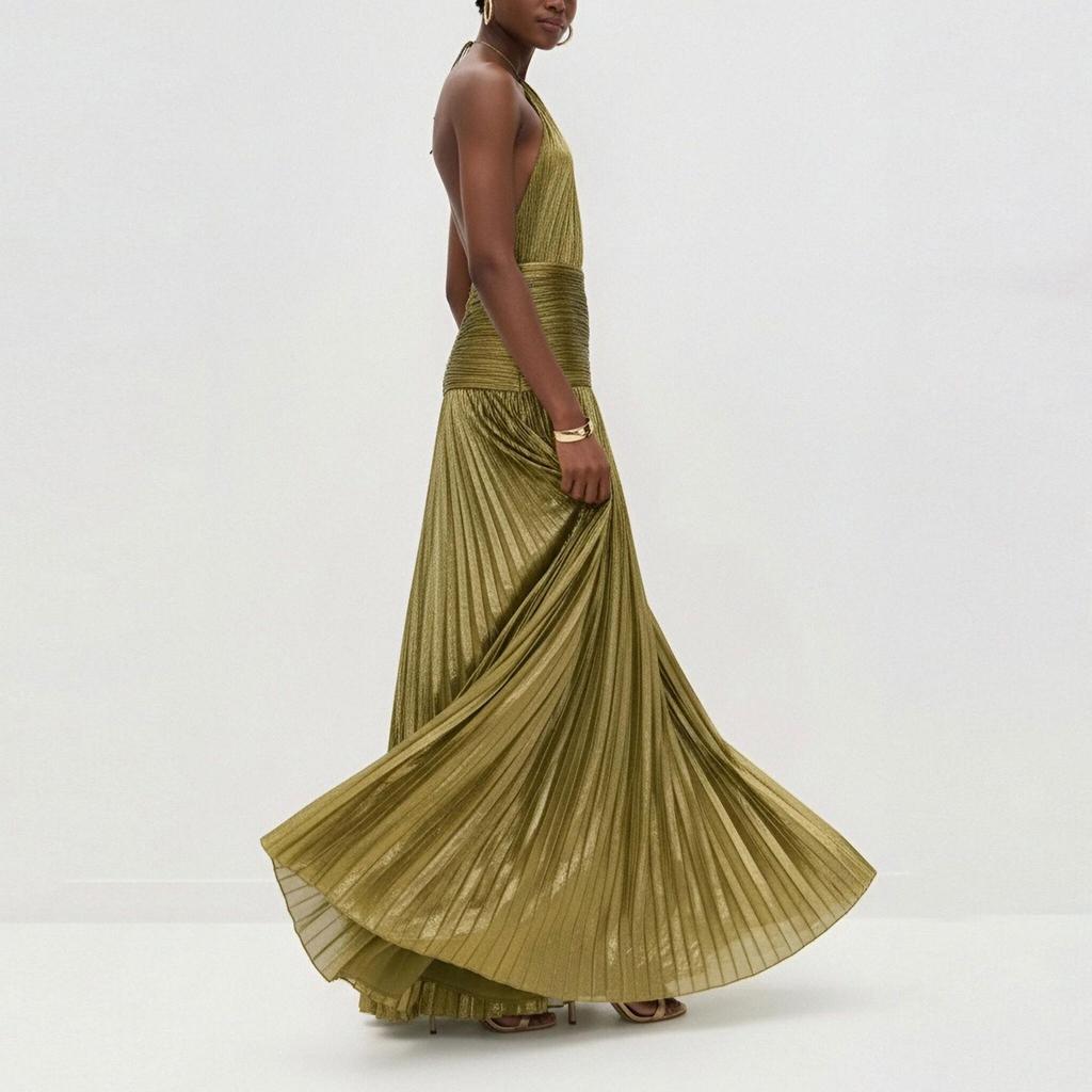 2026 Spring European and American Pleated Long Dress with High Waist Slit for Women