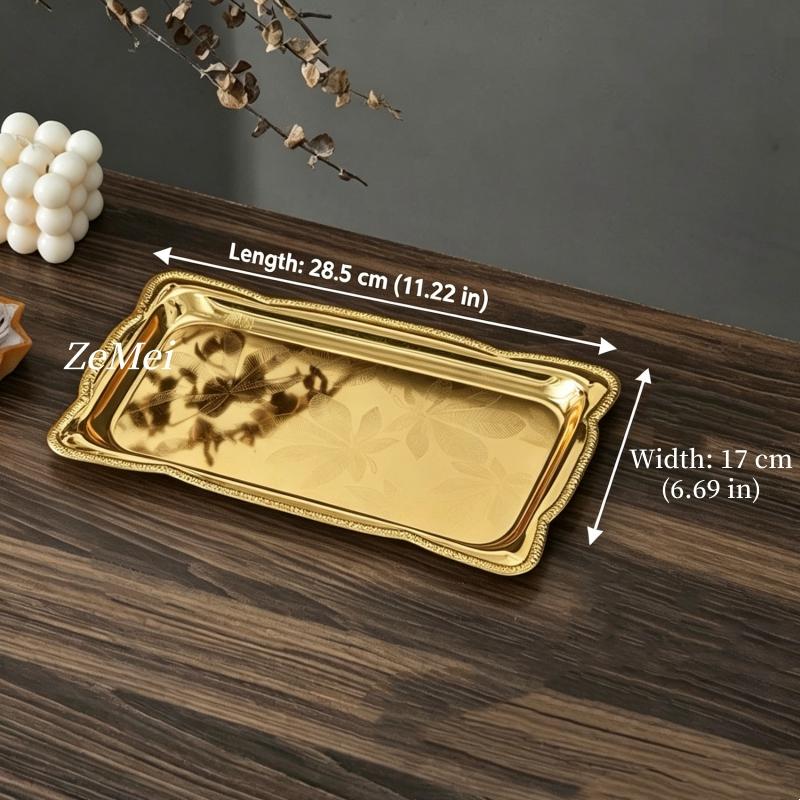 European-Style Rectangle Fruit Plate,Portable Carved Flower Texture Metal Cake Tray,28 cm Dessert Storage Snack Plate Decoration