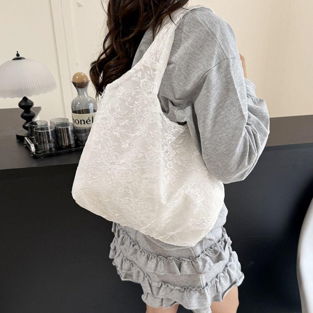 Lightweight Flower Tote Bag Korean Style Floral Canvas Bag Fashion Lace Shoulder Bag Daily