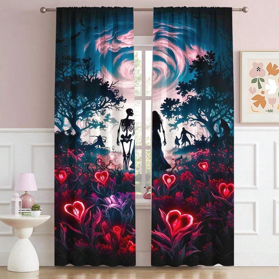 

Set Of 2 Halloween Themed Printed Curtains Love Grass Skull Couple Patterns Equipped Ensure Privacy Made Polyester W100*H70(CM)-Grommet top&1PCS