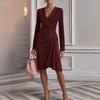 Women's V Neck Long Sleeve Ruched Wrap Midi Dress Slim Fit Elegant Party Dress