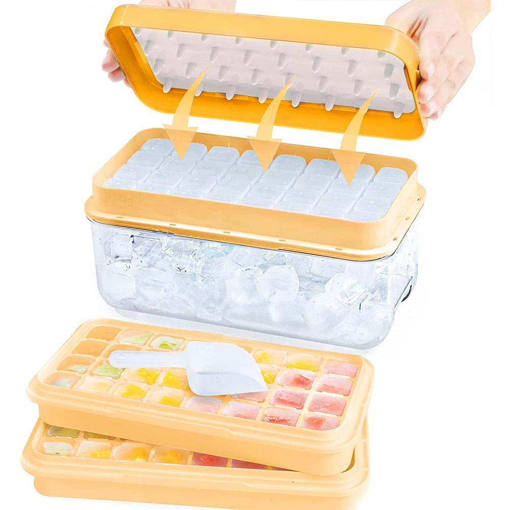 LMETJMA Ice Cube Tray with Stackable 2 Ice Trays Silicone Ice Cube Molds with Storage Bin For Freezer 64 Nuggets JTX478