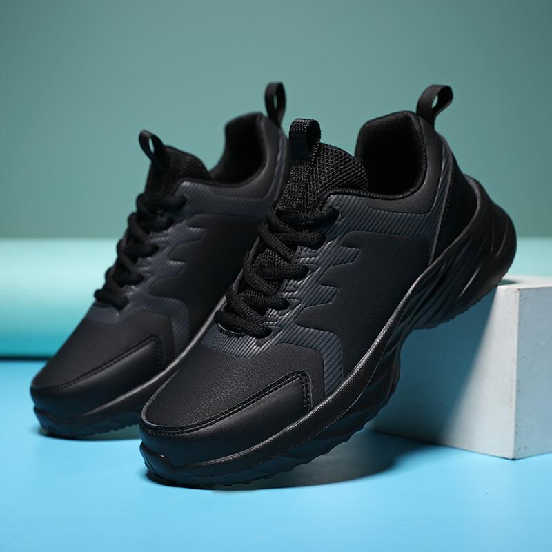 Waterproof Leather Chunky Sneakers for Women, Running Shoes Casual Sports Shoes Black Trainers Autumn Spring