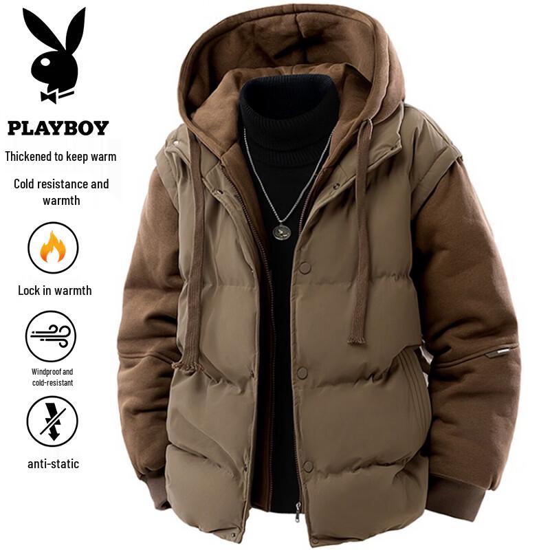 PLAYBOY Men's Hooded Faux Two-Piece Thickened Padded Jacket