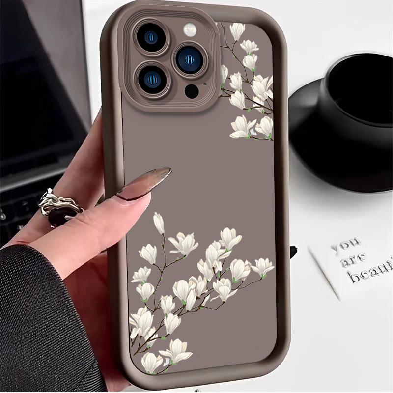 

Розовый Белый Цветочный Чехол для iPhone 17 Air 16 E 15 14 Plus 13 12 Mini 11 Pro Max Жидкий Мягкий Силикон Пылезащитный Ударопрочный Чехол iPhone 14 Pro
