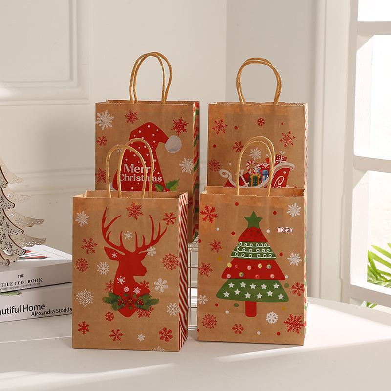 Christmas Kraft Paper Gift Bags with Snowflake and Reindeer Designs - Holiday Shopping and Clothing Packaging Tote Bags