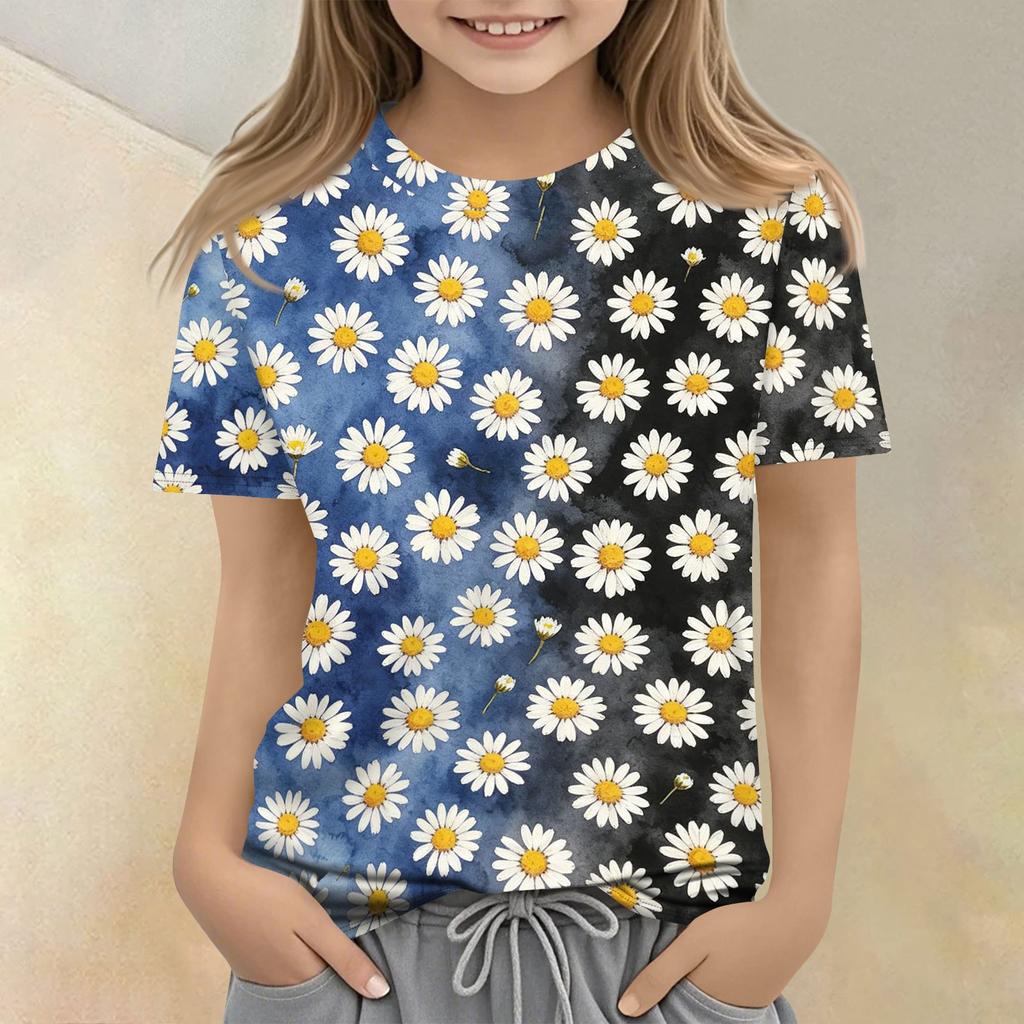 Kinder Blumenprint Rundhals Kurzarm Lässiges Lockeres T-Shirt Oberteil Geeignet für Tägliches Tragen und Outdoor-Aktivitäten