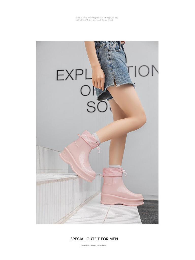 Women's Waterproof Thick-Soled Drawstring Rain Boots - Short, Height-Boosting Rubber Shoes for Outdoor and Kitchen Use