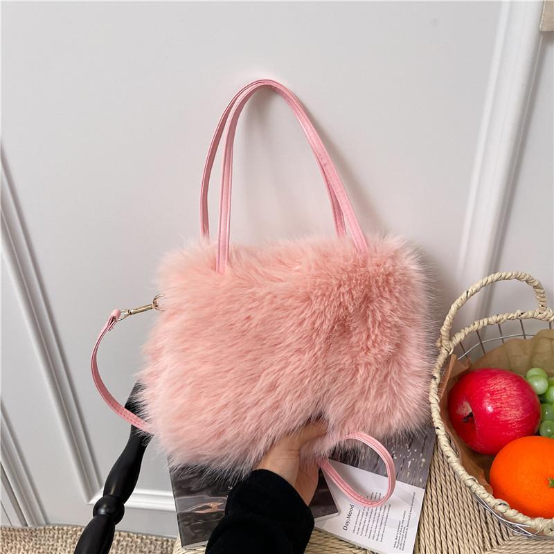 Winter Simple Soft Plush Shoulder Bags for Women Solid Color Ladies Faux Fur Crossbody Bag Versatile Femlae Bucket Handbags