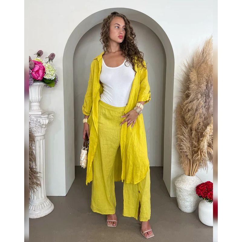 

Fall European and American Women s Clothing New Arrival Sense Loose Cool Pure Color Single Breasted Suit Two-piece Set Yellow S