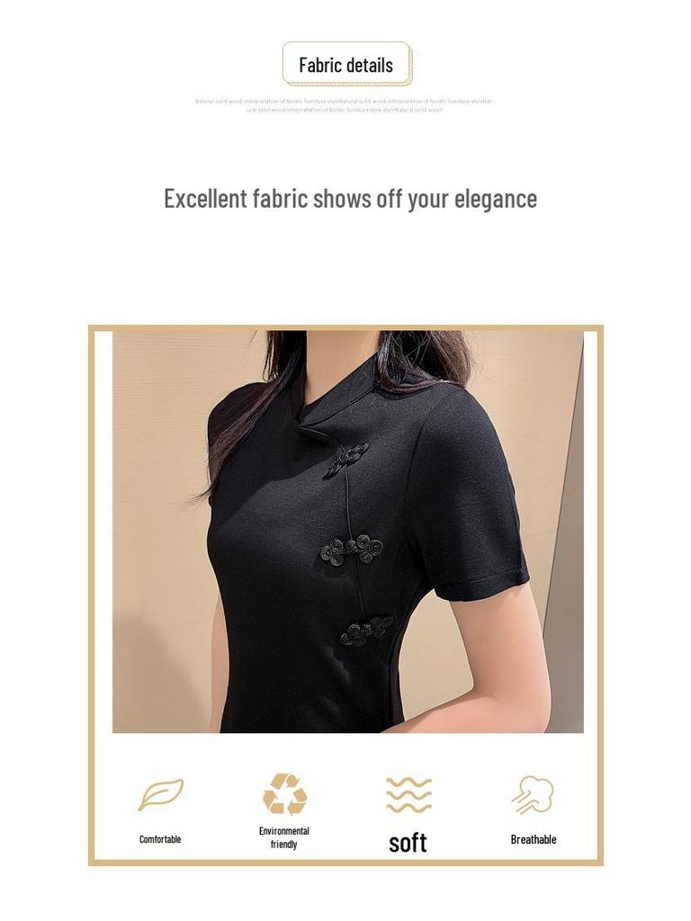 Chic Summer Qipao: Slimming Black Floral Dress Set for Women