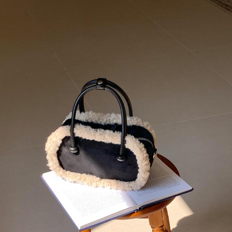 Autumn and winter retro suede bag portable bowling bag splicing niche lamb wool shoulder messenger bag women