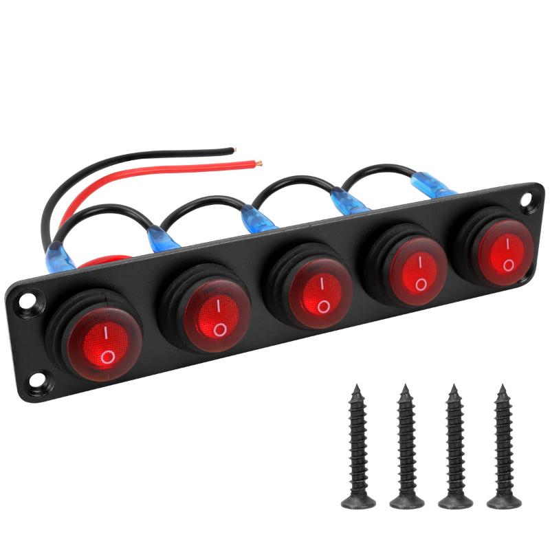 2.Switch Panel 1-6 Gang 12V for Boat, Truck, Automotive: On-Off Rocker Toggle with Red LED Light, Waterproof