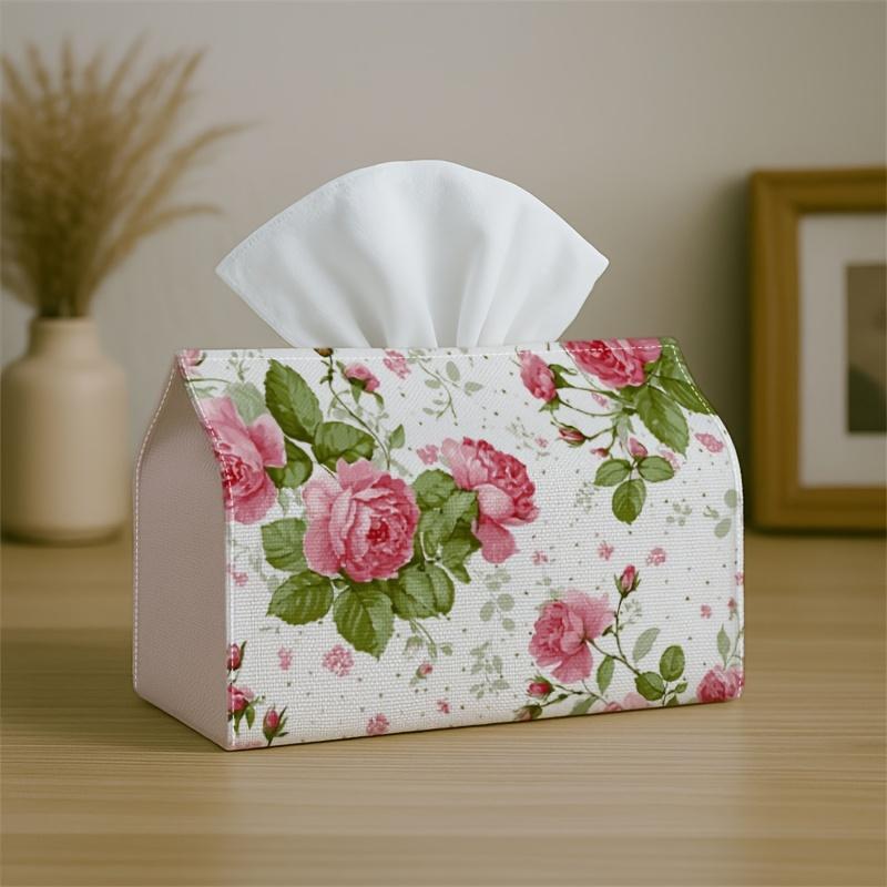 1pc Shabby Chic Vintage Rose Tissue Holder - Pink Floral with Green Tissue Dispenser Box, Decorative Napkin Suitable, Car,, for Decor, Stylish Napkin