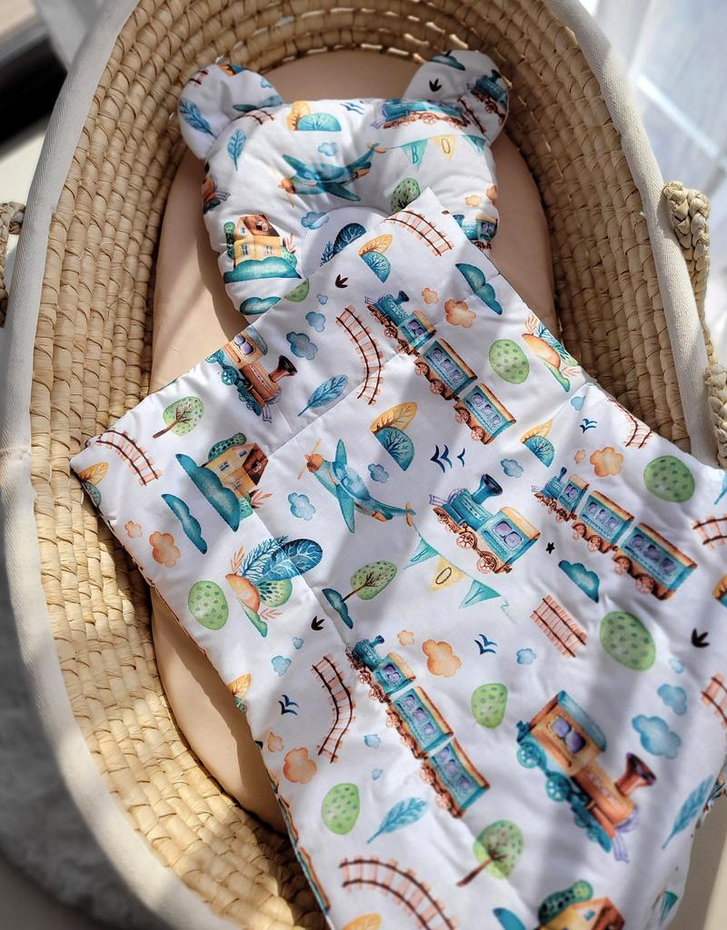 Teddy bear duvet with filling and contoured pillow - 2-piece set - turquoise train