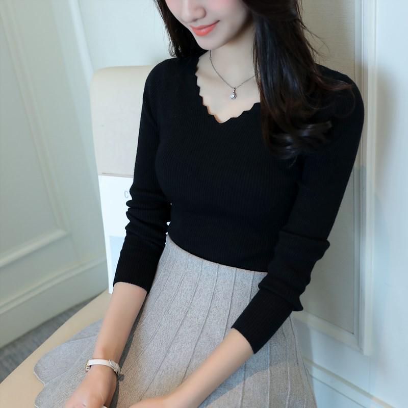 2023 Autumn Long Sleeve Sweater Women Winter Spring Pullover Solid Black White Knitted Sweater Top Wave Cut V-neck Basic Office