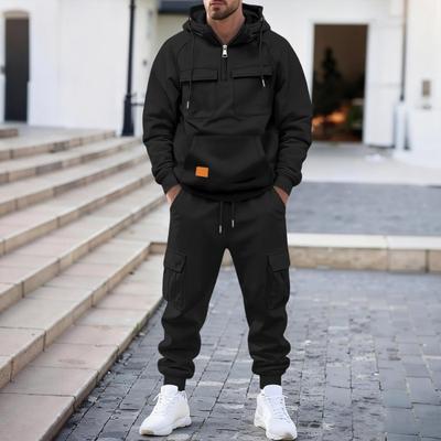 Herren 2-teiliges Trainingsanzug-Set mit halblangem Reißverschluss-Hoodie und Cargo-Jogginghosen